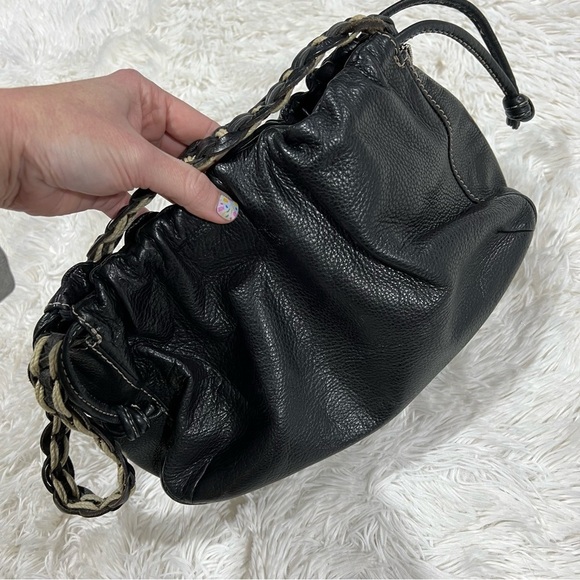 Fossil Pebbled Leather Purse Black Drawstring Hobo Bag Braided Strap - Picture 9 of 14